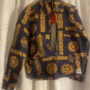 COPY - NWT Deus Ex Machina Men’s M Orange/Blue Jacket Zip Close Denim Text Patt…